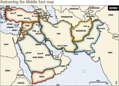 خارطة للشرق الأوسط كما تصورها الجنرال الأمريكي المتقاعد رالف بيترز ونشرتها المجلة العسكرية الأمريكية المتخصصة «أرمد فورس جورنال»