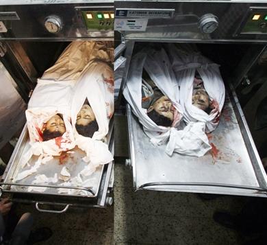 صورة مدمجة لأربعة أطفال أشقاء في مشرحة مستشفى الشفاء وكانوا قد استشهدوا وأمهم في غارة إسرائيلية