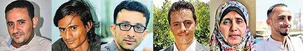 المتحدثون من اليمين : صامد العامري، صباح الشرعبي، عبدالله غلاب، وجدي السالمي، راشد محمد، ذي يزن السوائي