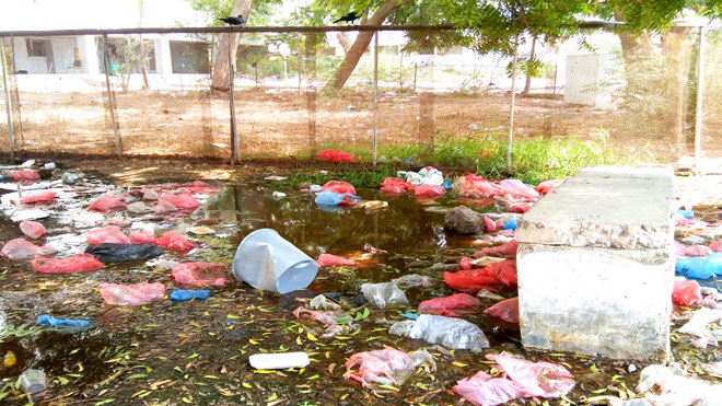 تكدس القمامة مياة المجاري بالساحة الخلفية لمشفى النساء والولادة
