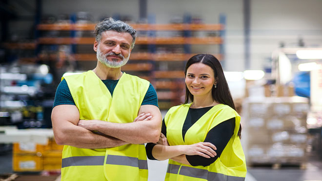 رجل وامرأة يرتدون السترات الصفراء في مصنع