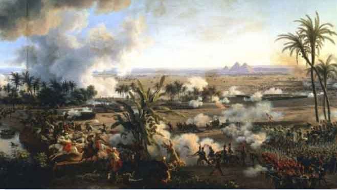 بونابرت تقدم صفوف جيشه منصّبا نفسه قبل رسو سفنه الحربية أمام شواطئ الإسكندرية حاميا للإسلام و بطلا من أبطاله