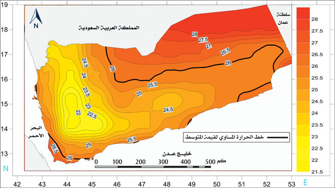 خريطة 1  توزيع درجة الحرارة في اليمن (1984 - 2016)
