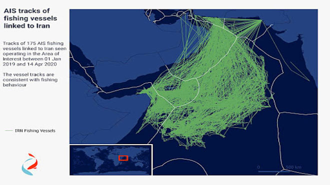 خريطة مسارات AIS من 175 سفينة صيد مرتبطة بإيران خلال موسم الصيد 2019-2020. يمكن رؤية نشاط كبير داخل المناطق الاقتصادية الخالصة للصومال واليمن