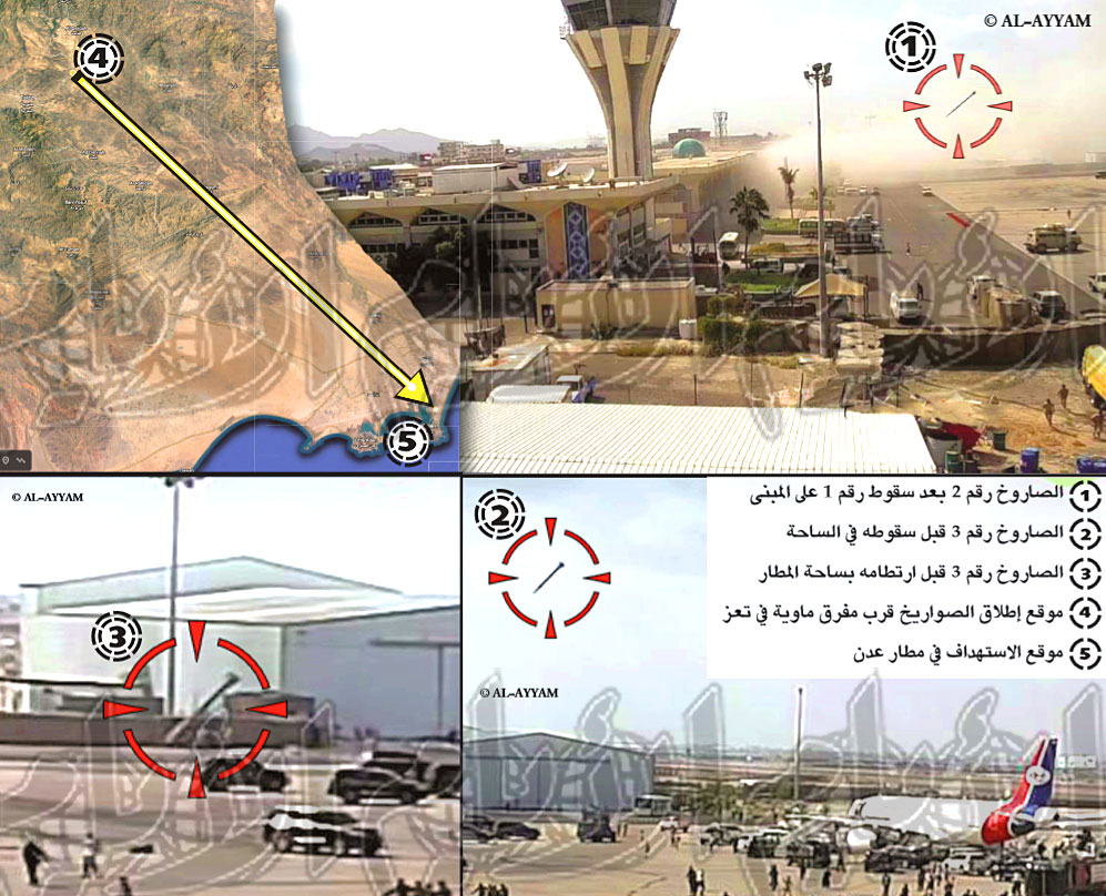 صور حصرية لـ «الأيام» لحظة سقوط الصواريخ في مطار عدن -  رسم توضيحي