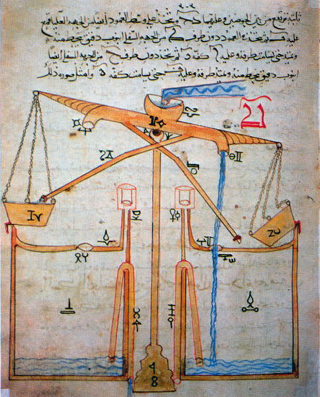 مضخة المياه، واحدة من الماكينات الكثيرة التي رسمها الجزري في كتابه (الجامع بين العلم والعمل النافع في صناعة الحيل)