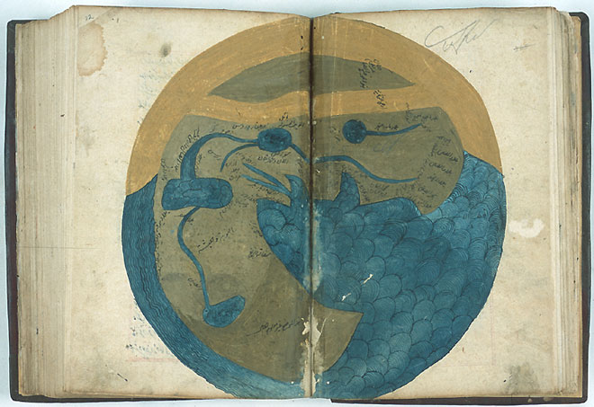 خريطة للقزويني وتظهر فيها افريقيا وآسيا ونهر النيل ومنابعة في الحبشة