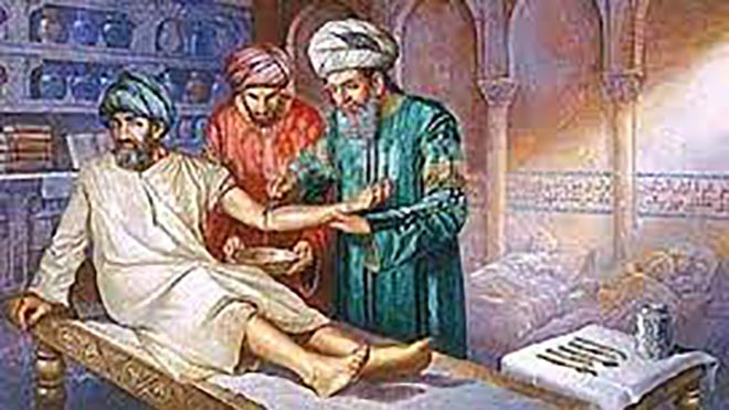 رسم لوالد أبو الحكم الدمشقي وهو يعالج جرحاً ينزف لذراع أحد المرضى قُطع شريانه
