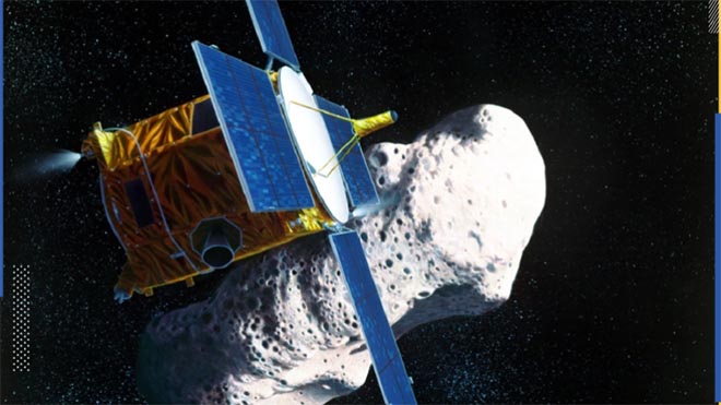 رسم تخيلي لهبوط المركبة نير شوميكر الأميركية على الكويكب 433 ايروس في العام 2001 (ناسا)