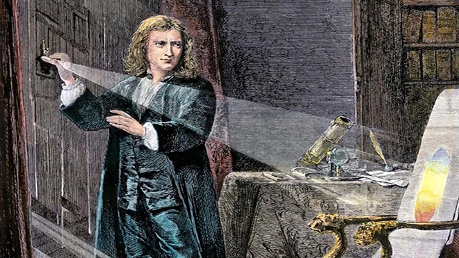 نيوتن مع أداة ضوئية اخترعها (غيتي)