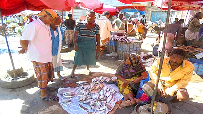 الحجة جمعة مهدي المريدي تفترش وسط السوق لبيع السمك