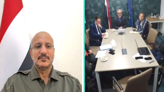 طارق صالح خلال لقائه مع سفراء دول الاتحاد الأوروبي المعتمدين لدى اليمن عبر تقنية الاتصال المرئي