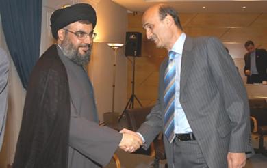 الامين العام لحزب الله حسن نصرالله يرحب بالزعيم الماروني سمير جعجع