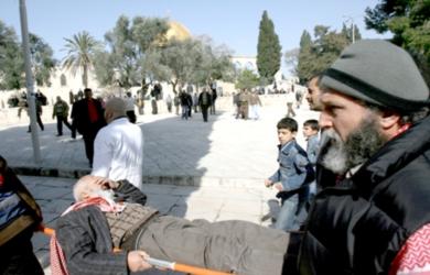 اجلاء عجوز فلسطيني مصاب بعد اشتباكات الاقصى اجلاء عجوز فلسطيني مصاب بعد اشتباكات الاقصى