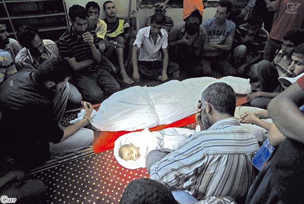 فلسطينيون يتجمعون لأداء صلاة الميت على الرضيع فارس المحموم وشهيد آخر فلسطينيون يتجمعون لأداء صلاة الميت على الرضيع فارس المحموم وشهيد آخر