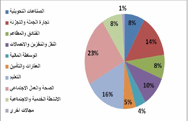 التوزيع النسبي للمشتغلات في القطاع الخاص بحسب مجالات العمل التوزيع النسبي للمشتغلات في القطاع الخاص بحسب مجالات العمل
