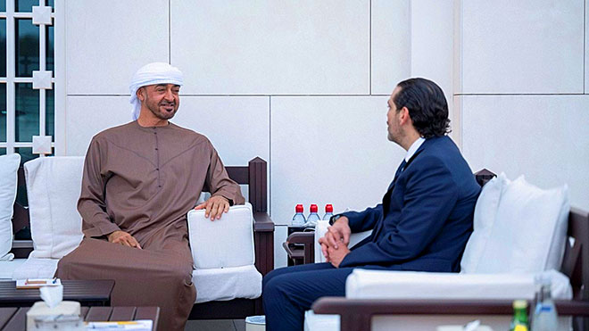 الشيخ محمد بن زايد آل نهيان ولي عهد أبوظبي مع رئيس الوزراء اللبناني المكلف سعد الحريري 