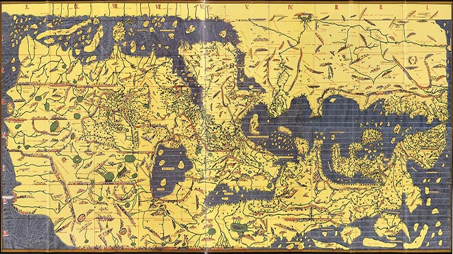 الخريطة التي رسمها الأدريسي للملك روجر ملك صقلية في 1154م وتعد واحدة من خرائط العالم القديم الأكثر تقدما، وهي صورة منسقة حديثة، تم إنشاؤها من 70 صفحة مفرودة من الأطلس الأصلي، ويظهر فيها أن الشمال هو في الأسفل كما كانت ترسم الخرائط قديما الخريطة التي رسمها الأدريسي للملك روجر ملك صقلية في 1154م وتعد واحدة من خرائط العالم القديم الأكثر تقدما، وهي صورة منسقة حديثة، تم إنشاؤها من 70 صفحة مفرودة من الأطلس الأصلي، ويظهر فيها أن الشمال هو في الأسفل كما كانت ترسم الخرائط قديما